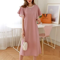 summer dresses 2021 new fashion korean solid round neck short ruffle sleeves long elegant dress loose casual party maxi dress