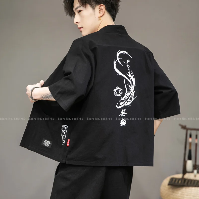 Men Chinese Style Hanfu Retro Printed Tang Suit Robes Cloak Shirts Cardigan Casual Jackets Stand Collar Lace Up Coats Streetwear |