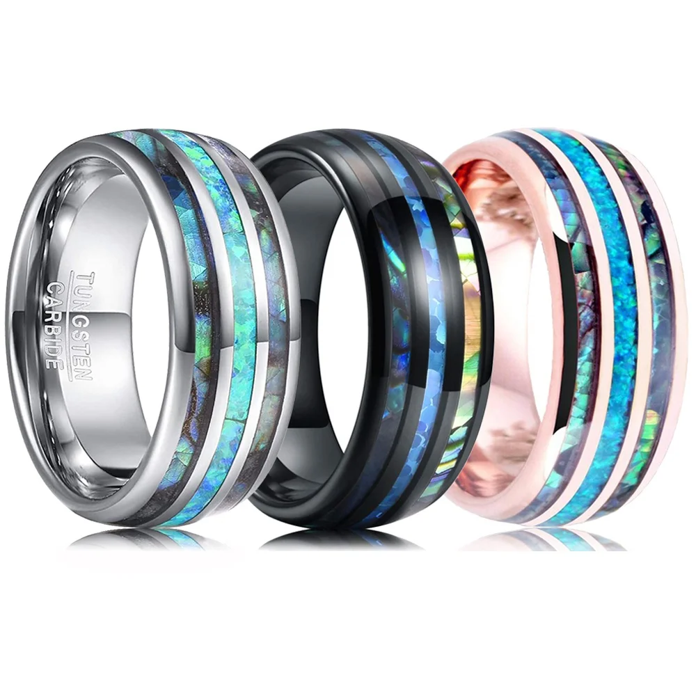 

Men's 8MM Abalone Shell & Blue Opal Inlay Rings Silver/Black/Rose gold 3 Color Stainless Steel Ring Anniversary Jewelry Gift