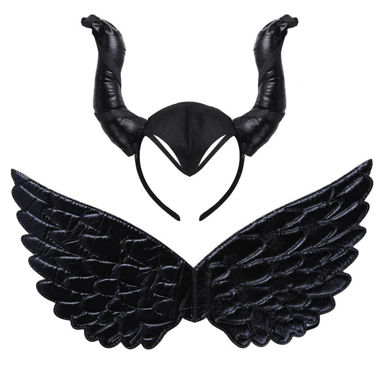 

Kids Black Fairy Devil Wing Ox Horn Headband Halloween Evil Queen Cosplay Props 649C