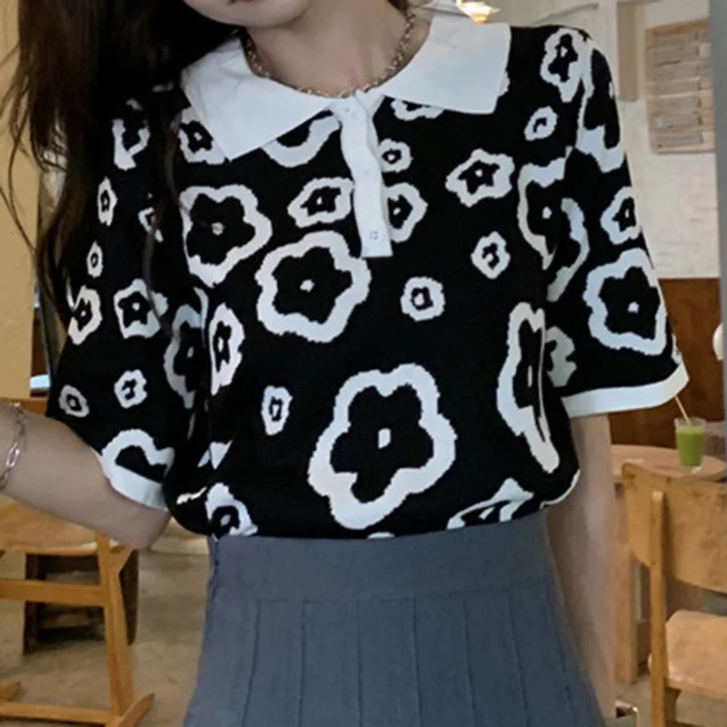 Sungtin элегантные милые цветочные Вязаные Короткие рубашки женские винтажные
