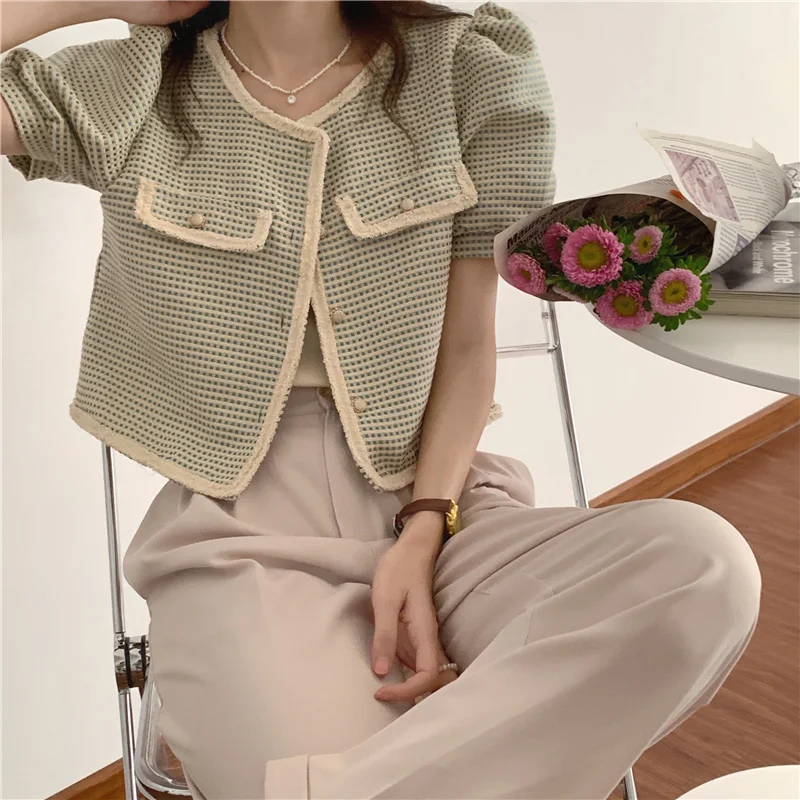 

KUSAHIKI Korean Lantern Sleeve Elegant Woman Jacket Causal Single Breasted Short Coat 2021 Contrast Color Fashion Outwear 6H409