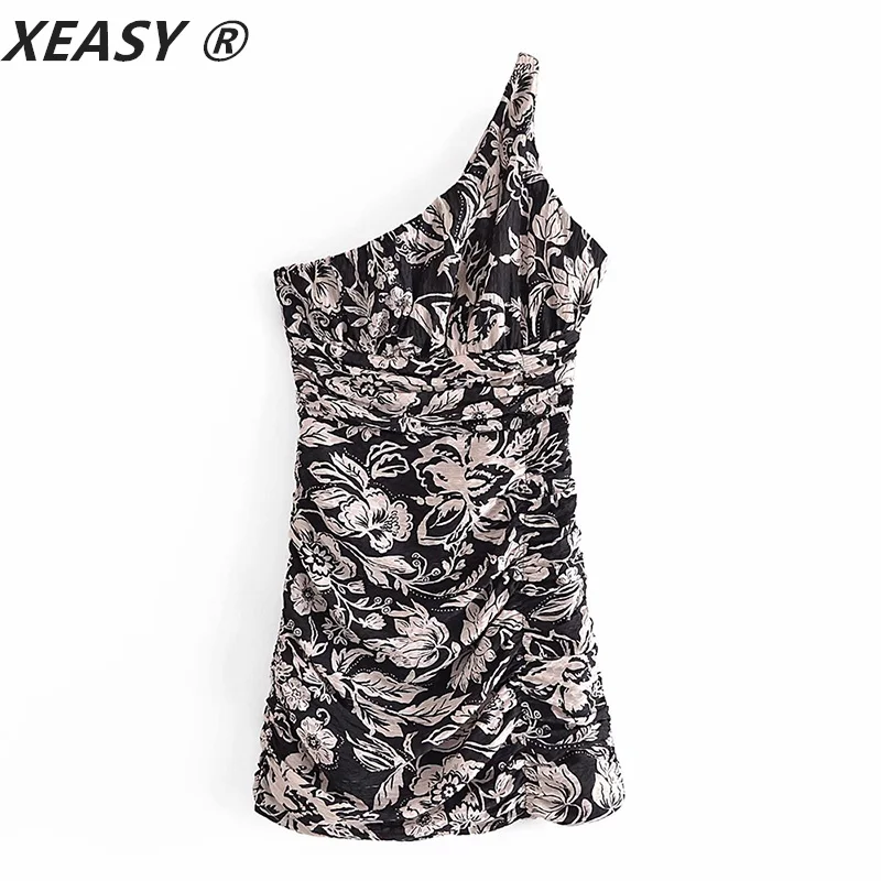 

Женское Асимметричное мини-платье XEASY, черное винтажное платье с открытыми плечами, рюшами и открытой спиной, лето 2021