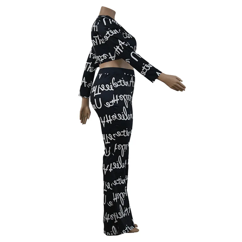 

New Arrivals Women LetterPrinting Fashion Two Piece Sets Plus Size High Waist Flared Pants Lady O-neck Short Sweatshirts Outfits