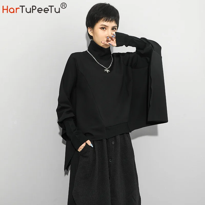 Black Oversize Hoodie Women Cotton Harajuku Pullover Sweatshirt 2020 Autumn Winter Bat LongSleeve Turtleneck Irregular Basic Top