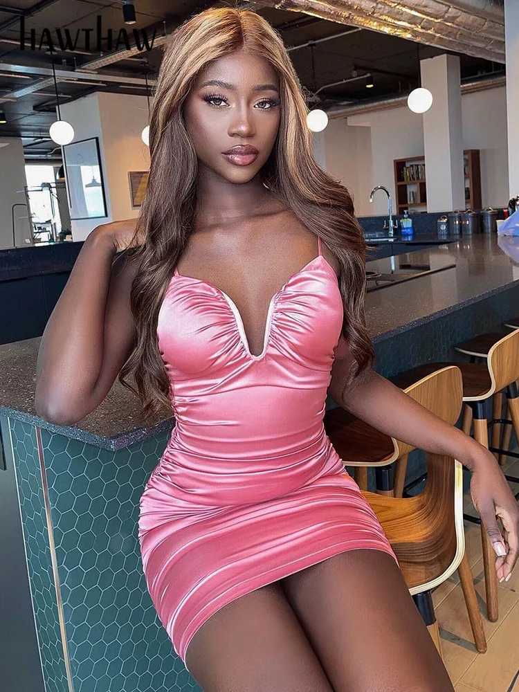 

Hawthaw Women Sexy V Neck Bodycon Party Club Stain Pink Mini Dress 2022 Summer Clothes Wholesale Items For Business Streetwear