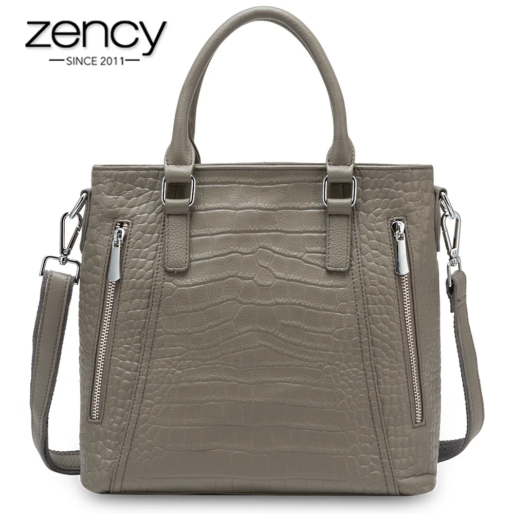 Zency Casual Tote Handbag 100% Genuine Leather High Quality Lady Shoulder Bag Fashion Women Crossbody Bags Black Grey