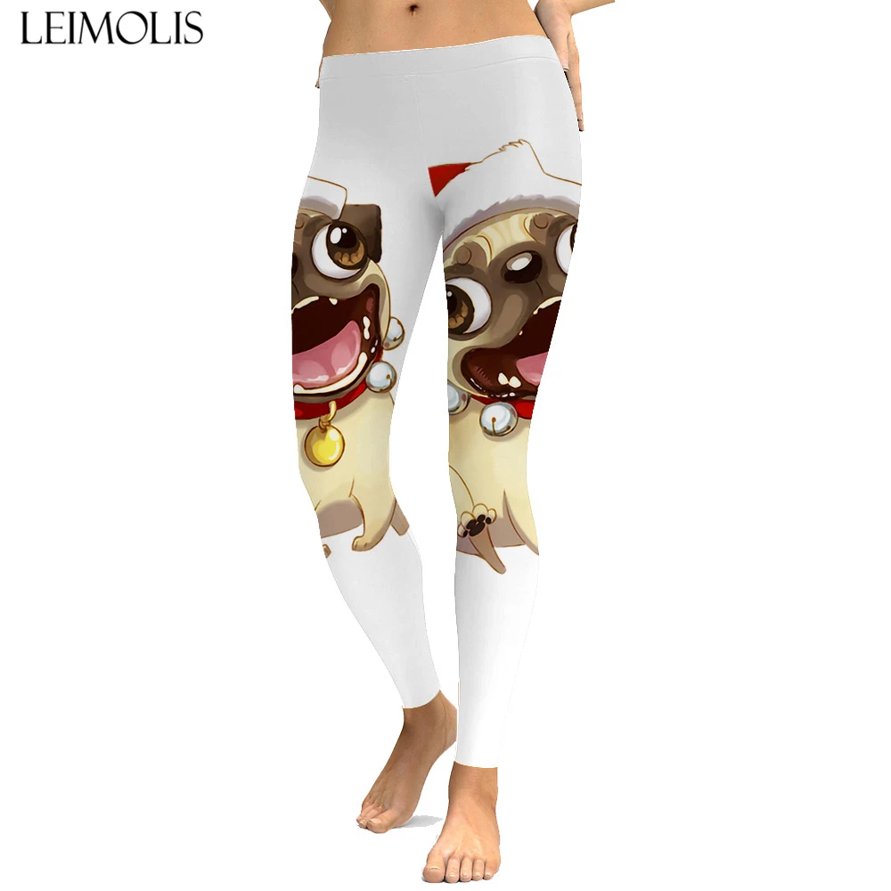 LEIMOLIS sexy Christmas pug dog Cartoon print push up leggings plus size women fitness workout punk high waist spandex leggins | Женская