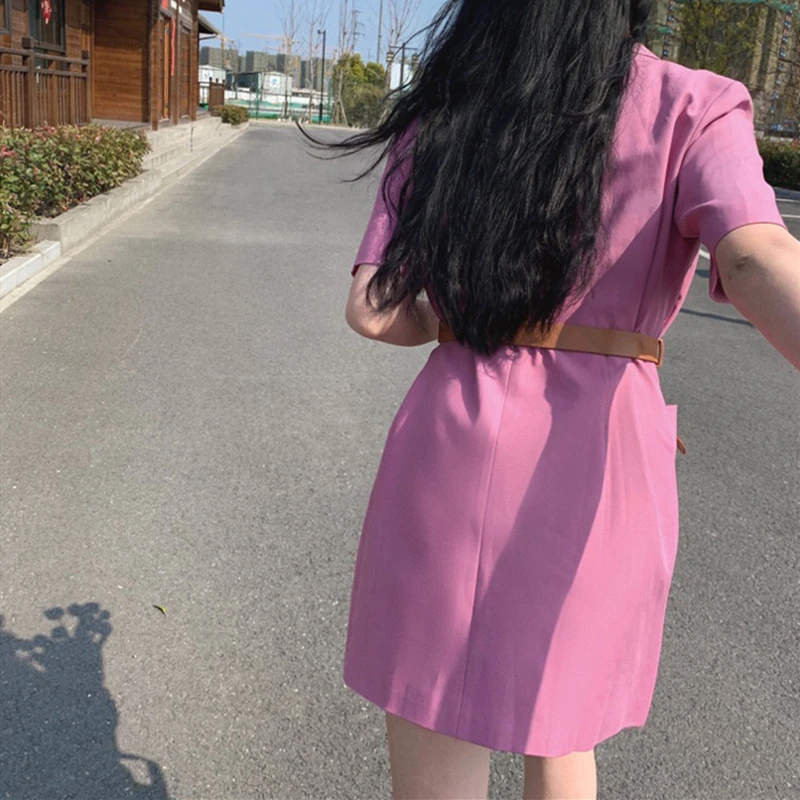 

New 2021 Women Summer Dresses with Belt Buttons High Waist Solid Pockets Korean Style Wild Lady Mini Dresses