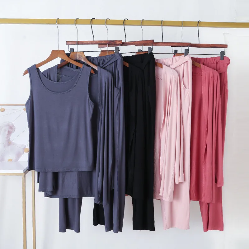 

Female 3 Pieces Sleepwear Set Modal Long Sleeve Loose Casual Pajamas Suit Women Lounge Home Clothing Size L-XL