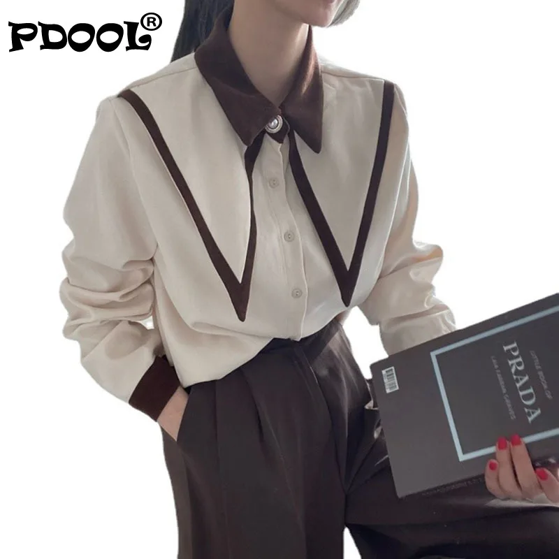 

Korean Blouses for Women 2021 Turn-down Collar Vintage Long Sleeve Shirts Tops Fashion Patchwork Woman Clothes Blusas
