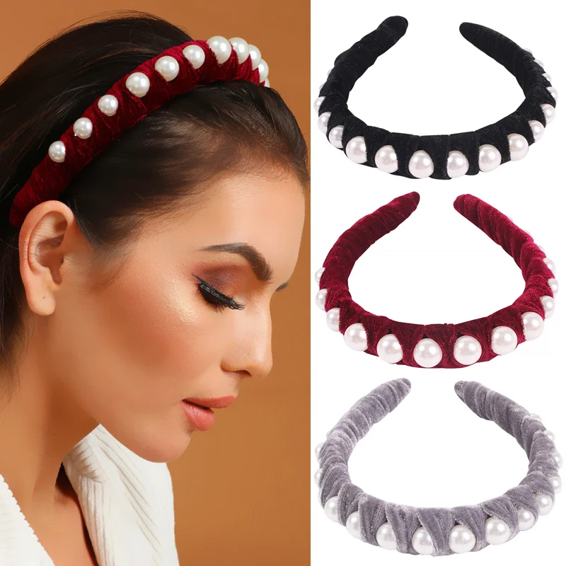 

Женские аксессуары для волос из бархата с искусственным жемчугом и повязка на голову для женщин с однотонным большим жемчужный обруч для во...