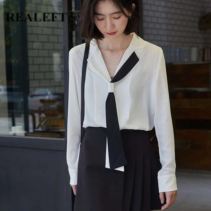 REALEFT новинка Весенняя шифоновая женская рубашка блузка топы черный белый цвет