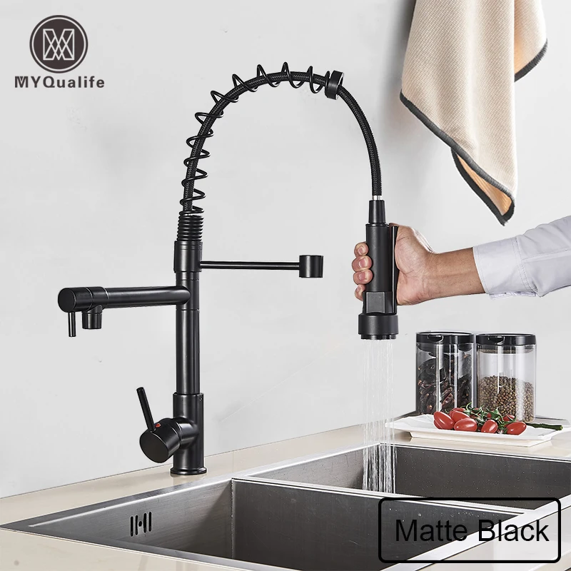 

Black Pull Down Brass Kitchen Sink Faucet Hot Cold Water Mixer Crane Tap with Dual Spout 360 Rotation High Faucet Deck Mounted