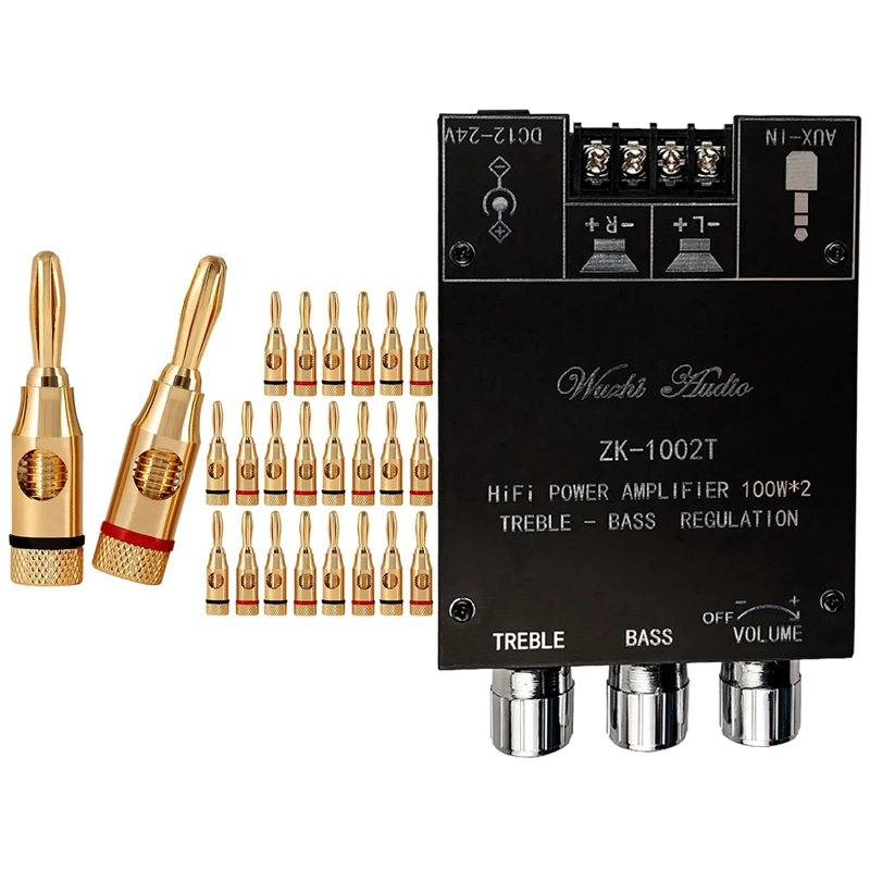 

1 комплект вилок типа «банан», вилки с открытым винтом, разъем для аудиоразъема и 1 шт. Плата усилителя сабвуфера Bluetooth 5,0