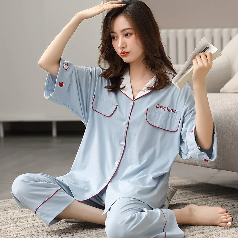 Winter 100% Cotton Pajama for Women Three Quarter Sleeves Blue Pijamas Girls Cotton Sleepwear Korean Cute Pyjama Femme Homewear
