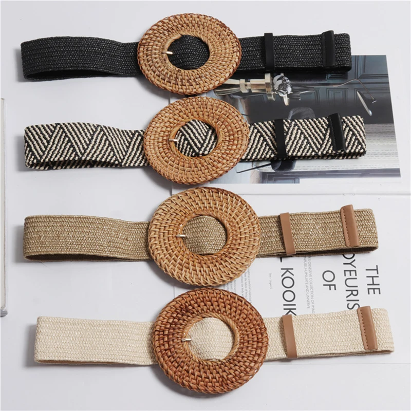 Vintage Boho Braided Waist Belt Wooden Buckle Dress Belt for Women Casual Female Braided Wide Strap  Girls Elastic PP Straw Belt