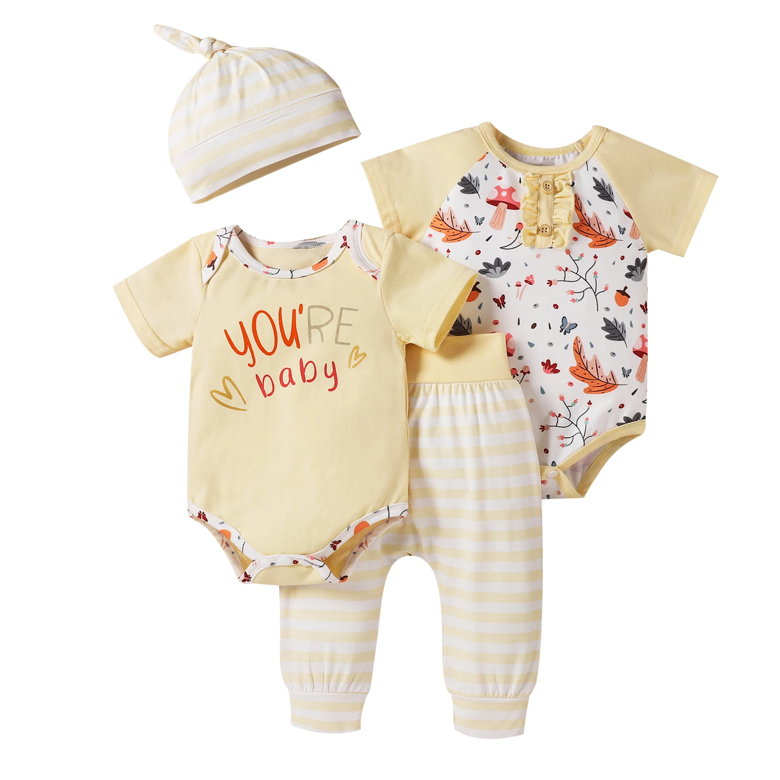 

Осенне-зимний костюм для малышей из 4 предметов, осенний костюм с короткими рукавами, комбинезоны с буквенным/мультяшным принтом, брюки, шап...