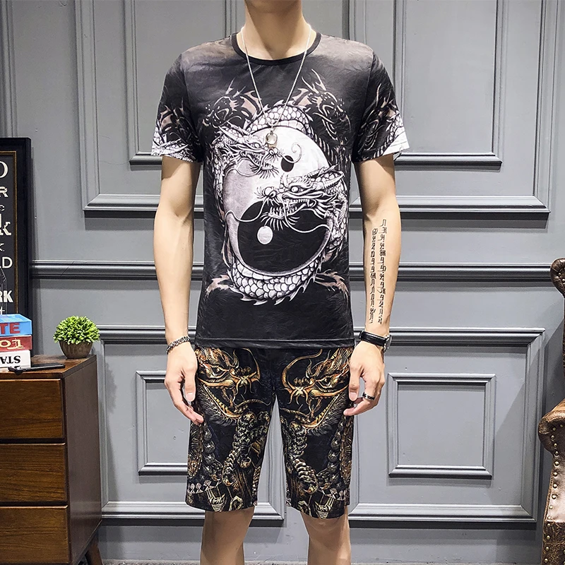 Летний мужской комплект спортивных костюмов футболка + шорты Быстросохнущий из 2