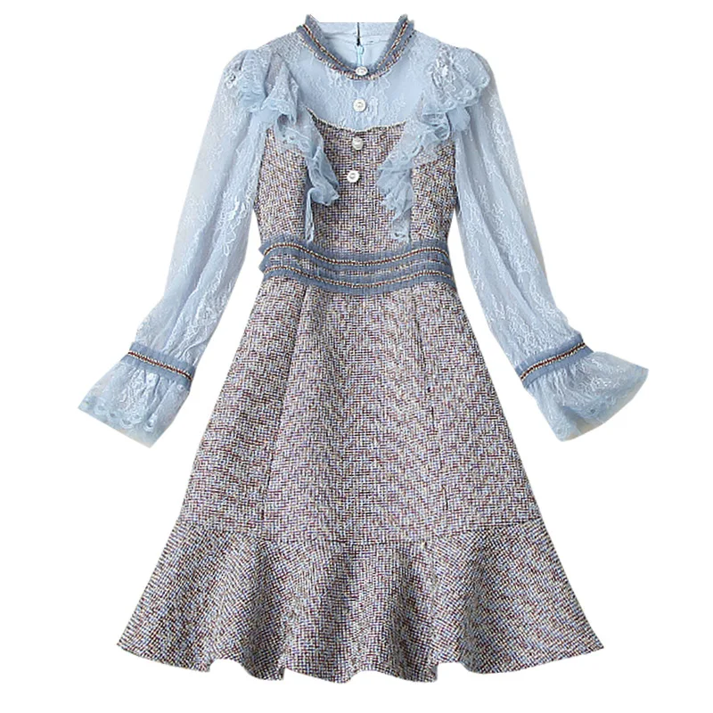 

Elegant Ruffles Lace Wool Patchwork Short Mermaid Dresses For Women 2020 Autumn Winter Vintage Long Sleeve Mini Dress Female