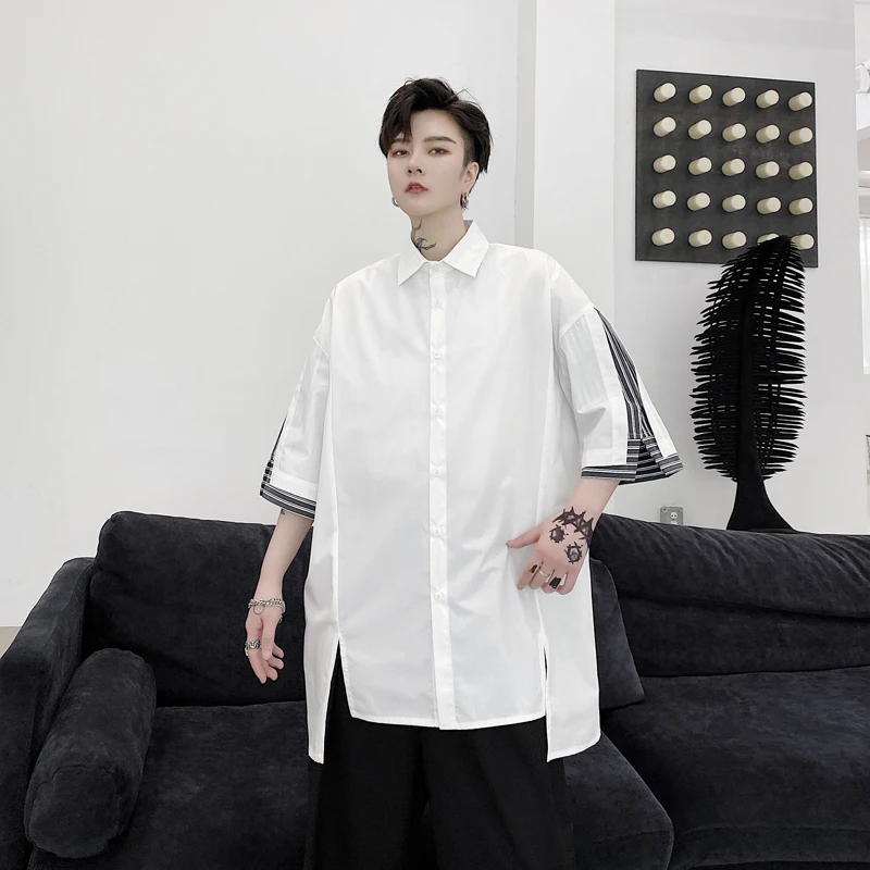 

Men summer striped patchwork short sleeve shirt fake two piece fashion blouse womens oversized black white casual shirts blusas