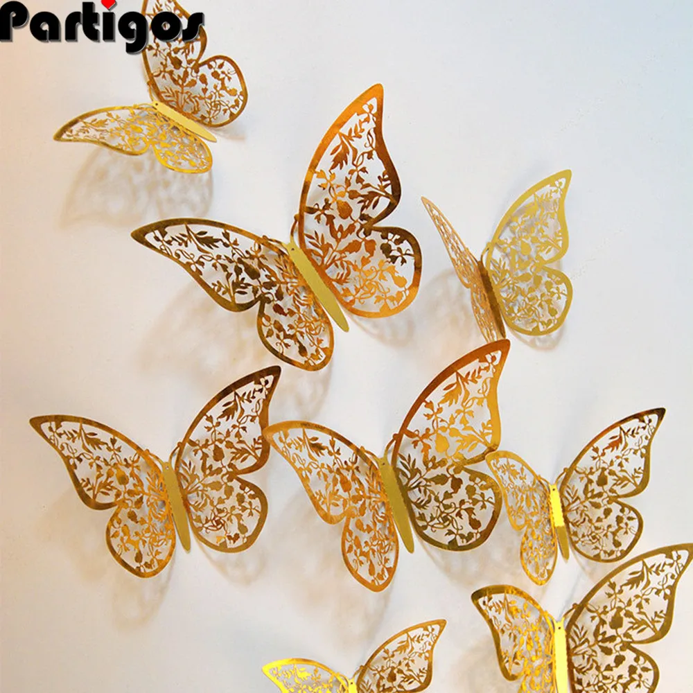 12 шт./компл. 3D наклейки на стену с золотыми пустотелыми Бабочка для детских комнат