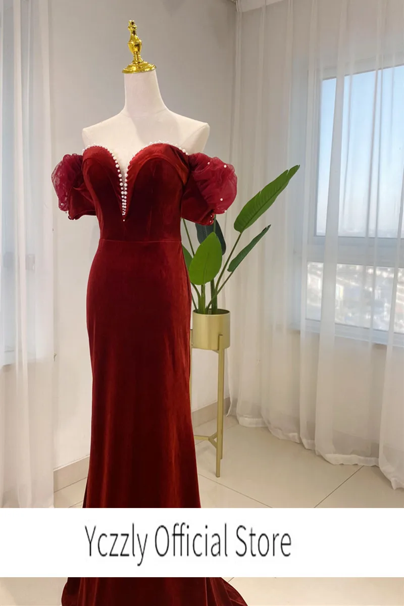 

Burgundy Velour Evening Dress 2022 Cheap Off-shoulder Mermaid Prom Party Gowns With Pearls Plus Size YE02