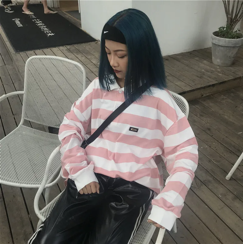 Весенняя новинка ulzzang Harajuku рубашка поло футболка топы Mori Girl Ретро стиль в полоску