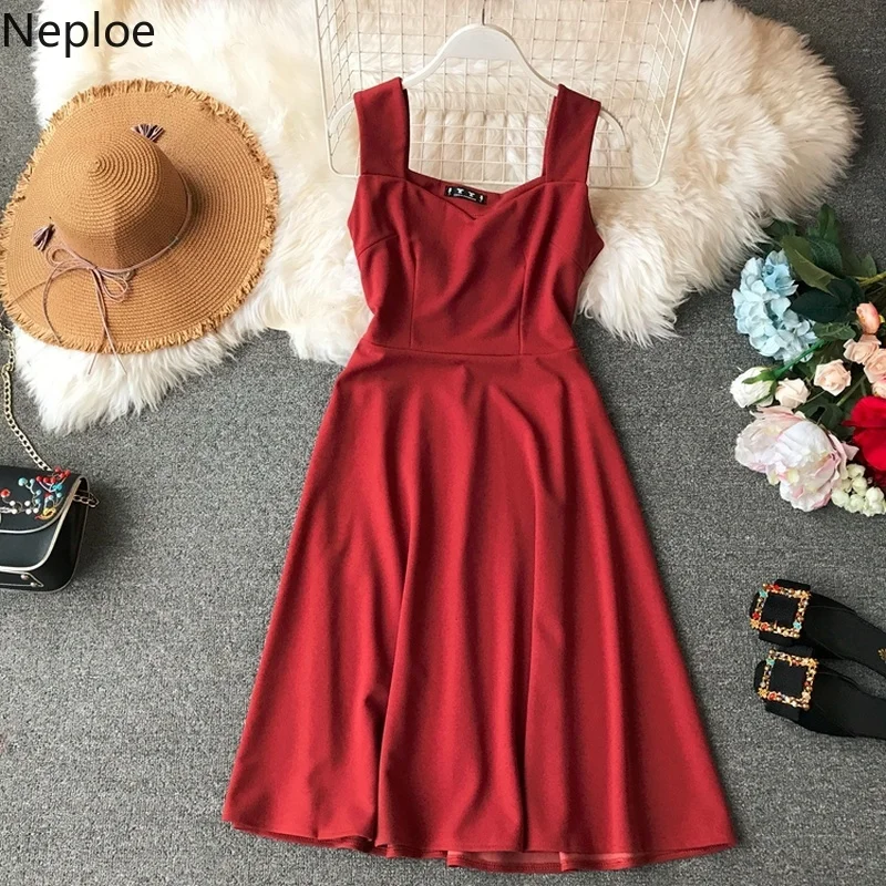 Летнее женское платье Neploe 2021 однотонное без рукавов с квадратным вырезом и