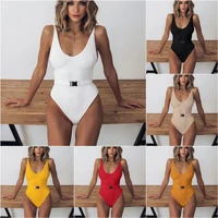 one piece swimsuit high cut swimwear women solid bathing suits 2021 summer belted beachwear sexy backless bodysuit