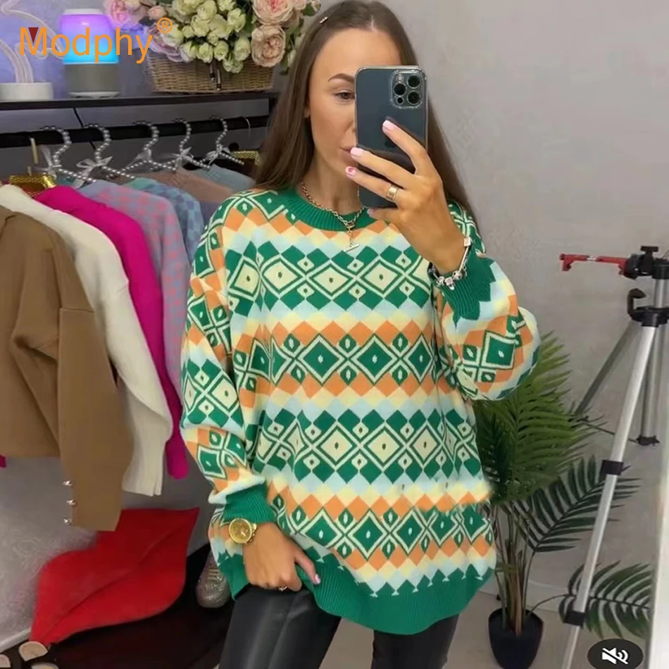 

2021 Autumn Winter Casual Sweater Top Women O Neck Oversized Female Knitted Pullover Loose Fashion Jumper Plaid Sweaters