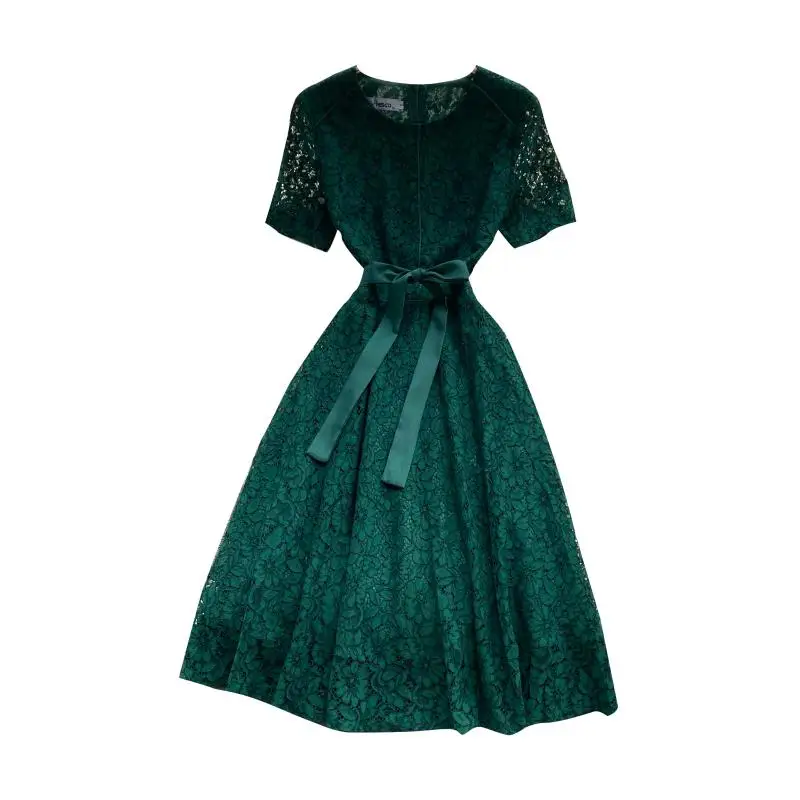 

ZAWAHIKI Korean Chic Vintage Elegant Lace Robe Femme Summer O Neck Short Sleeve Bandage Slim Waist Dress A-line Mid-calf Vestido