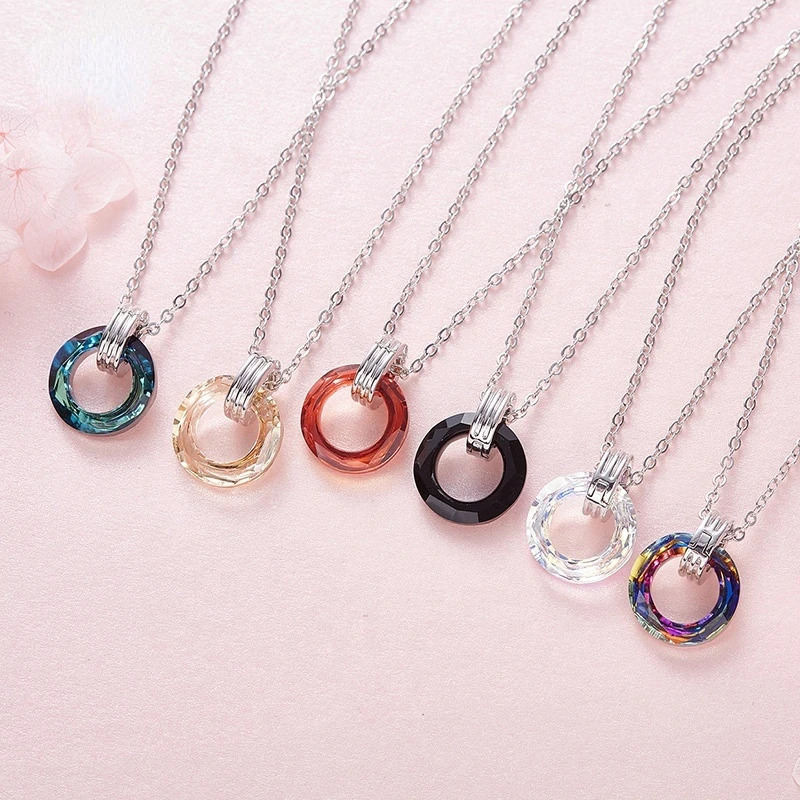 

LUNARIEEN New Fashion Silver Necklace Simple Versatile Design Crystal Lucky Circle Pendant Necklace for Women Party Jewelry Gift