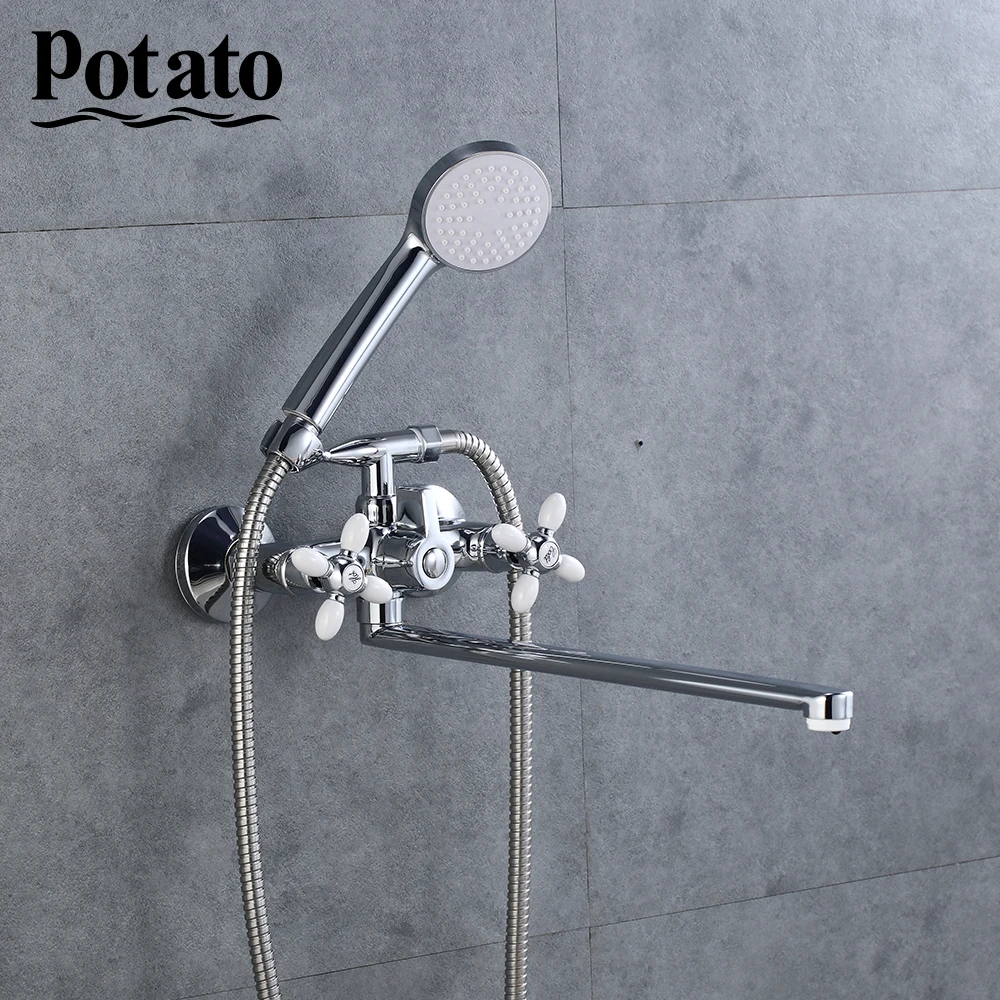 potato bathroom shower faucet 5 colors bright mordern long nose hot and cold water mix with shower head shower set p2771 free global shipping
