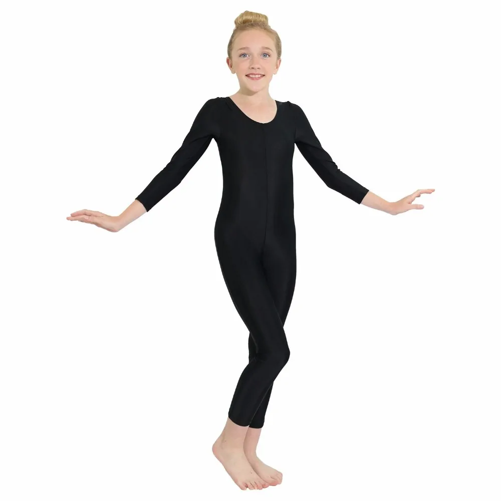 

Child Long Sleeve Gymnastics Unitards Girls One Piece Spandex Lycra Scoop Neck Full Body Unitard Black Dance Skin Tights