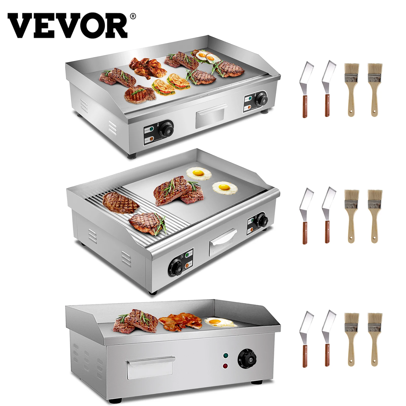 VEVOR Electric Countertop Griddle with Drawer & Cooling Holes Stainless Steel Flat Top Grill for BBQ Cooking Steak, Pancakes etc