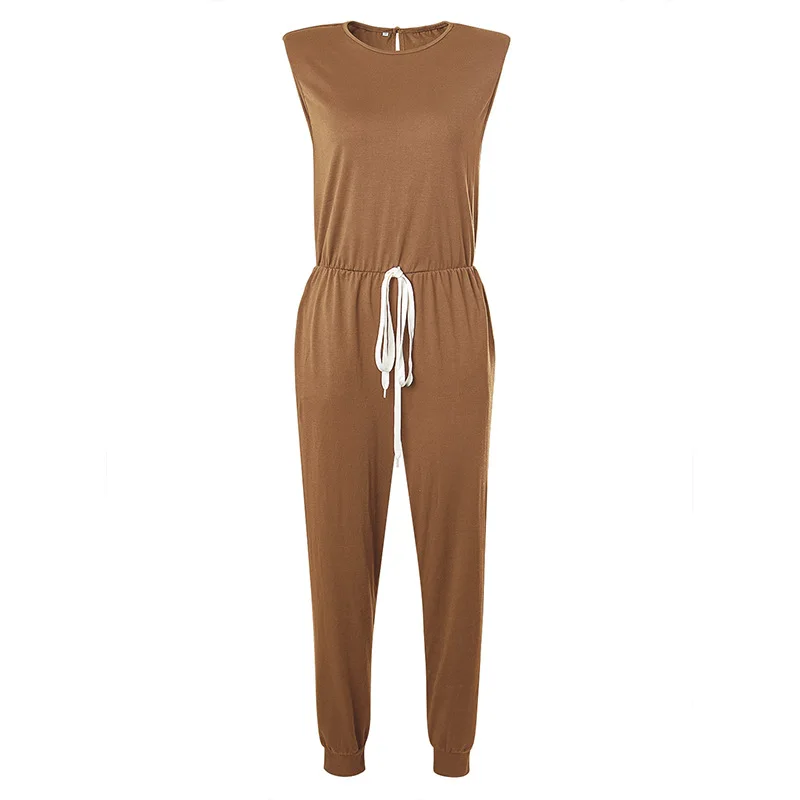 

2021 Spring And Summer Women's Jumpsuit With Shoulder Pads Sleeveless Backless Jumpsuits Female Casual Solid Color Rompers Femme