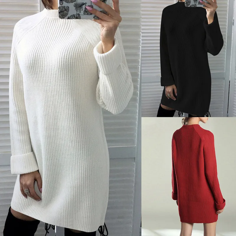 

2021 Autumn Winter New Elegant Fashion Turtleneck Long Sleeve Women's Mini Dress Casual loose Solid Ladies Knit Dresses