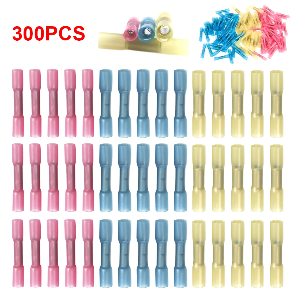 

300 PCS Heat Shrink Butt Connector Flame Retardant Insulated Crimping Electric Wire Connectors Splice Terminal Assortment Tube