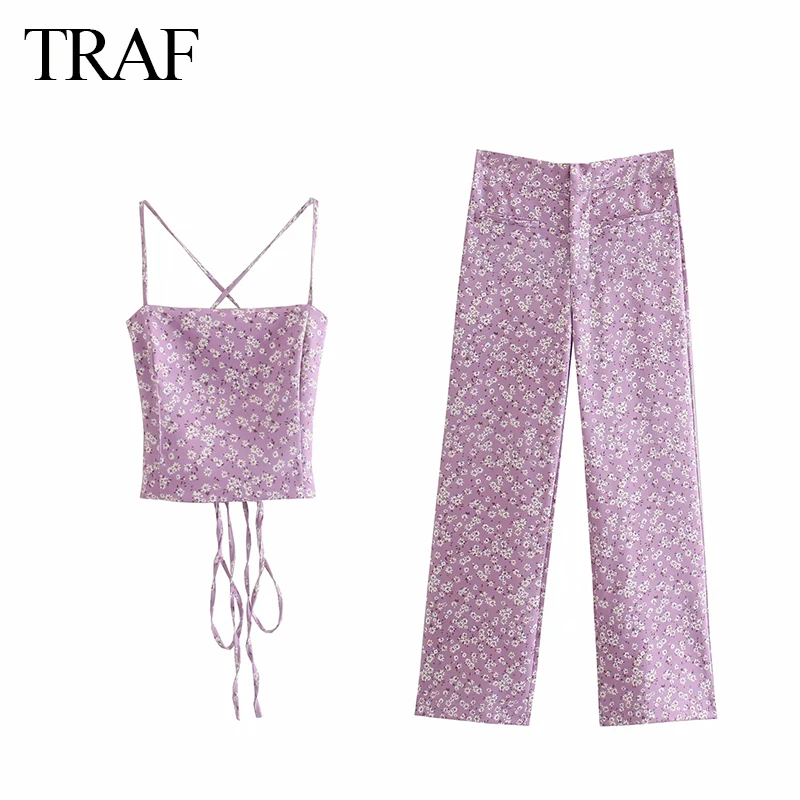 

TRAF Women Suit Summer Za Fashion Flower Print Short Suspender Halter Top With Straight-leg Pants With Zipper Retro Casual Wear