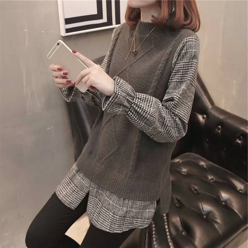 

Fashion Fake Two Piece Knitted Sweater Autumn Long Sleeve Turtleneck Pullover Sweater For Women Solid Shirts+Vest Plaid Sweater