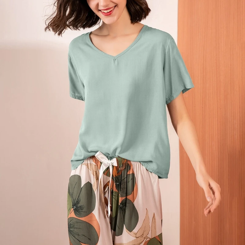 

Women Summer Contrast Color 2 Piece Pajamas Set Short Sleeve Pullover Loose Tops Floral Print Bowknot Long Pants Lounge