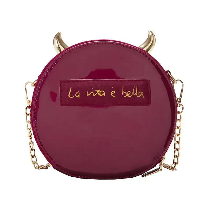 

Dazzling Patent Leather Round Fashion Devil Horn Women Chain Shoulder Handbag Crosssbody Mini Messenger Bag for Female Flaps