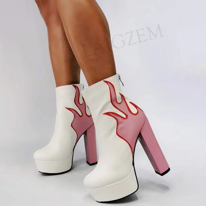 

BERZIMER Platform Ankle Boots Flame Block Chunky High Heels Booties Patchwork Botas Ladies Shoes Woman Large Size 43 44 45 47