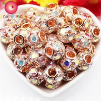 10pcs light gold brass crystal micro pave setting round ball charms large hole murano spacer beads fit pandora bracelet jewelry