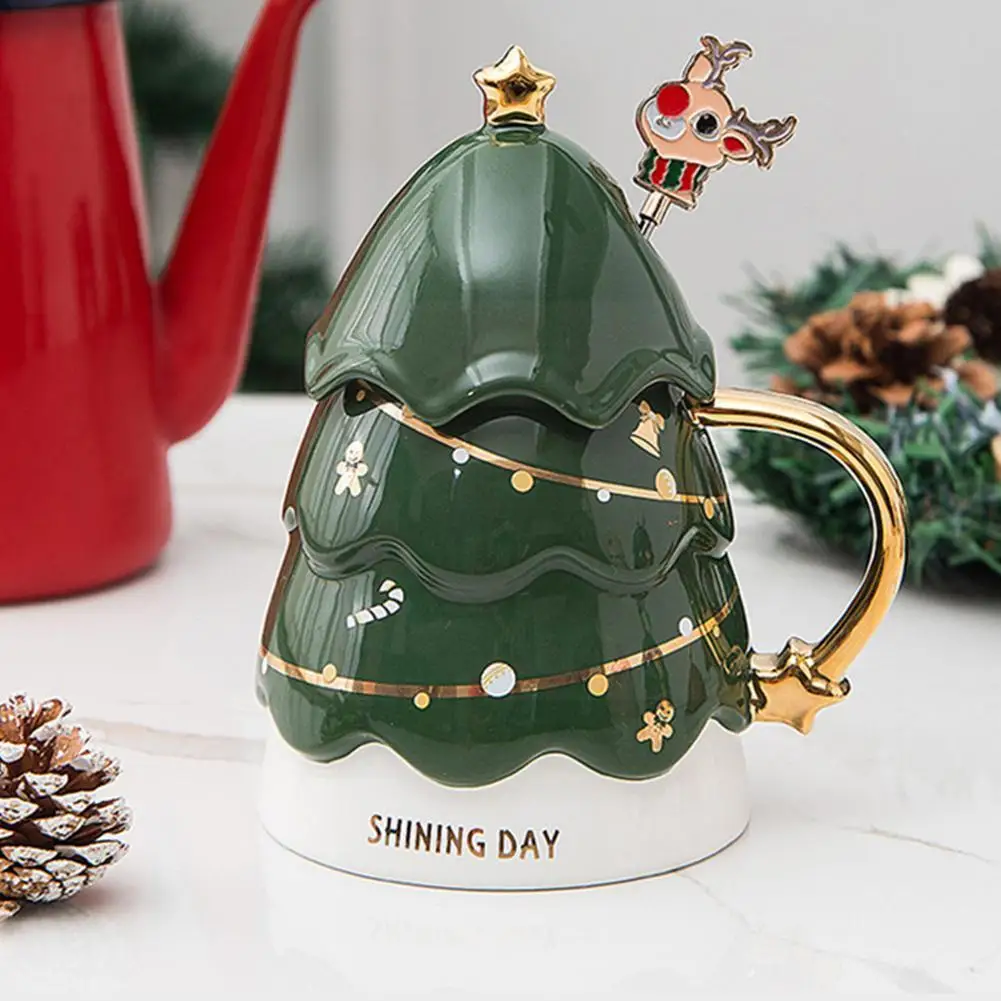 

3D кружка на рождественскую елку, креативная керамическая большая емкость с крышкой для кофе и молока, подарок, детская ложка, Рождественска...