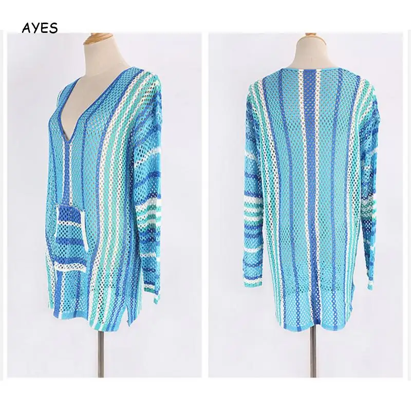 Бикини женское свободное в полоску накидка с V-образным вырезом и длинным рукавом