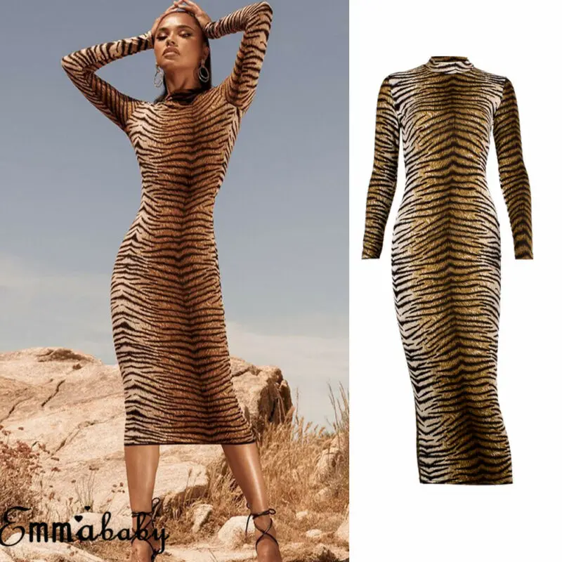 

Women Leopard Print Long Sleeve Deep O-Neck Party Long Dress Club Wear Sexy