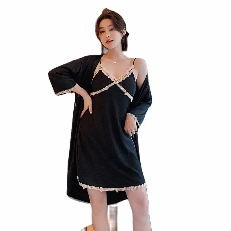 

Ice Silk Nightgown With Bra Spring And Autumn Suit Thin Summer Nightdress Women's Sexy Suspender Two Piece Silk Pajamas