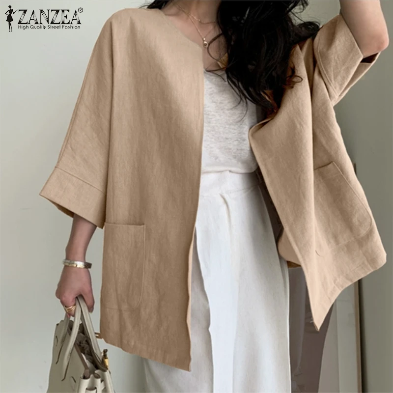 

Oversized Women's Fashion Cardigans 2022 Spring Summer Cotton Linen 3/4 Sleeve Outwears ZANZEA Casual Solid Loose Jackets Tops